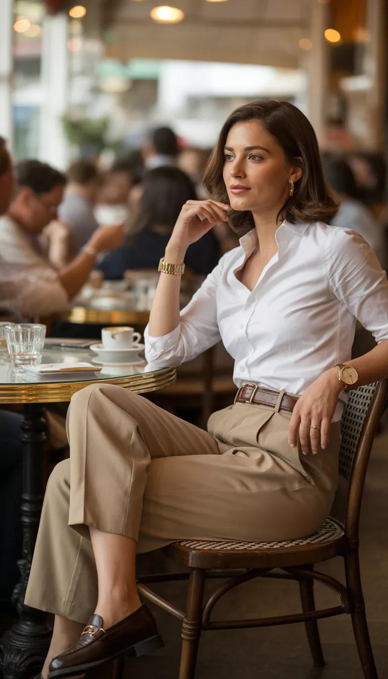A realistic photo of a woman seated in a café wearing a white button-down shirt half-tucked into khaki cropped trousers, a brown belt, a gold watch, and dark brown leather loafers.