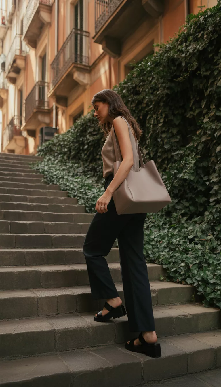 A realistic photo of a woman walking down exterior steps in a beige sleeveless top, black wide-leg trousers, black chunky sandals, and carrying a light taupe structured tote.