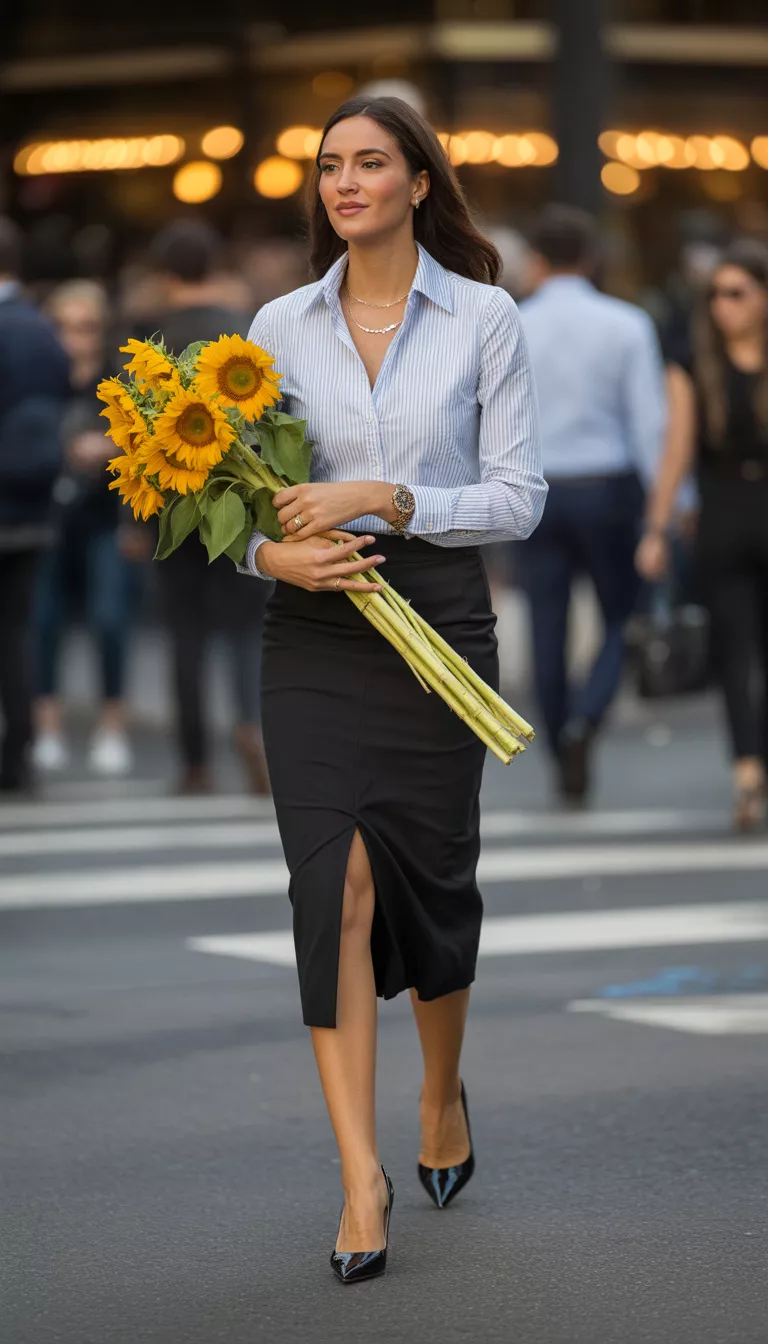 A realistic photo of a woman walking in a city wears a striped button-down shirt tucked into a black midi pencil skirt, accessorized with black pointed heels and carrying a bouquet of flowers.