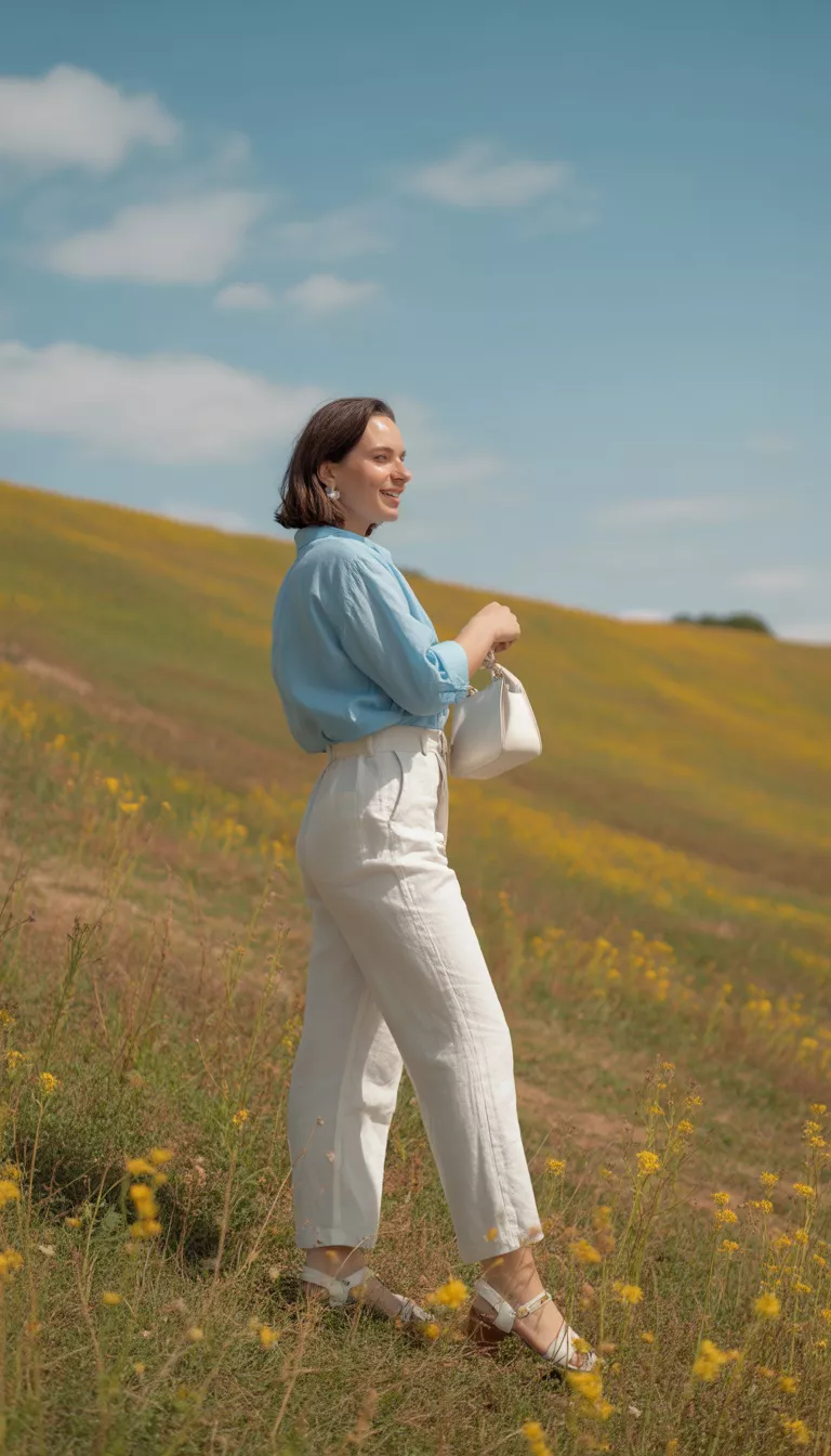 A realistic photo of a woman outdoors wearing a light blue cotton shirt, high-waisted white linen pants, and white sandals with a small white handbag.