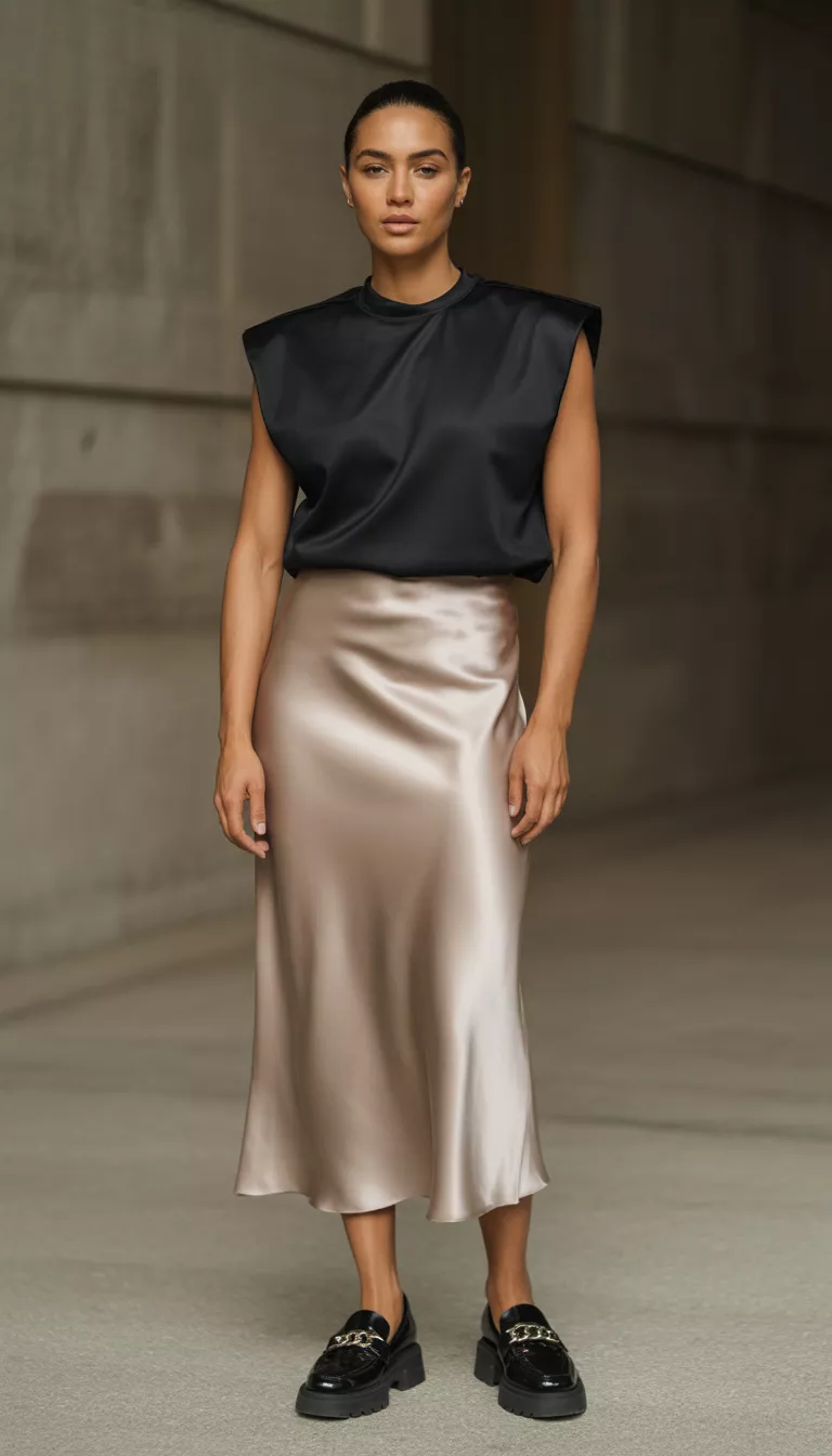 A realistic photo of a woman wearing a black padded-shoulder muscle tank top with a high-waisted champagne satin midi slip skirt and chunky black chain loafers.