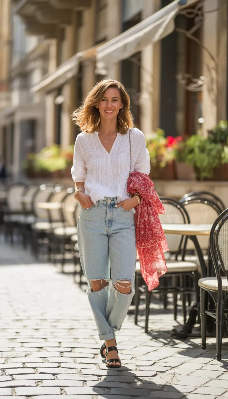 A beautiful woman in light wash distressed boyfriend jeans, a white textured top, black sandals, she carries a red and white patterned scarf over one shoulder on a cobblestone street.