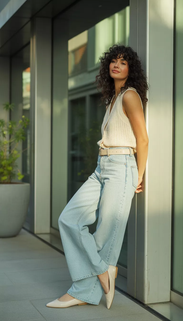 A beautiful woman with dark curly hair in a cream knit vest, light-wash wide-leg jeans, a pale belt, baby blue ballet flats, she stands outside a modern building.