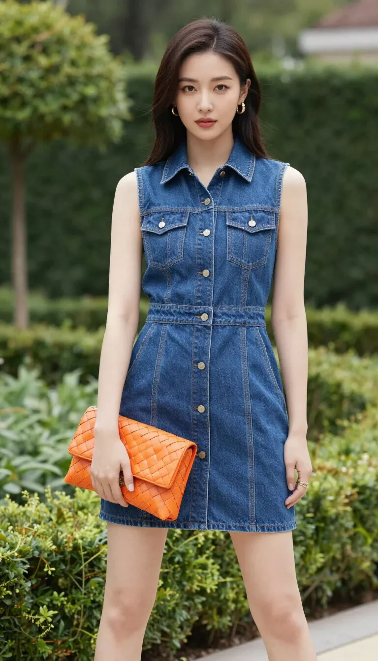 A beautiful woman in a sleeveless denim mini dress with a shirt collar and a bright orange woven clutch, she stands in a landscaped garden.