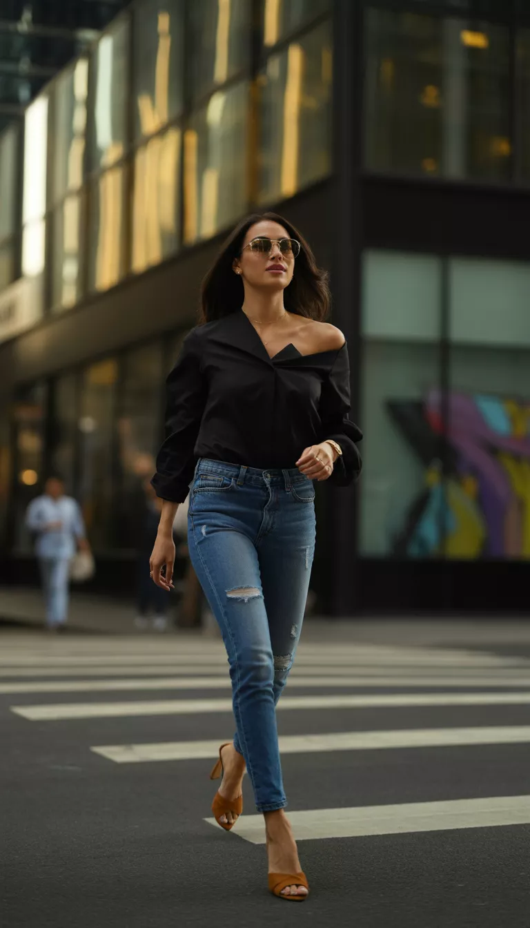 A beautiful woman in a black off the shoulder blouse, ripped blue skinny jeans, tan open toe heels, and sunglasses, she walks on a city street.