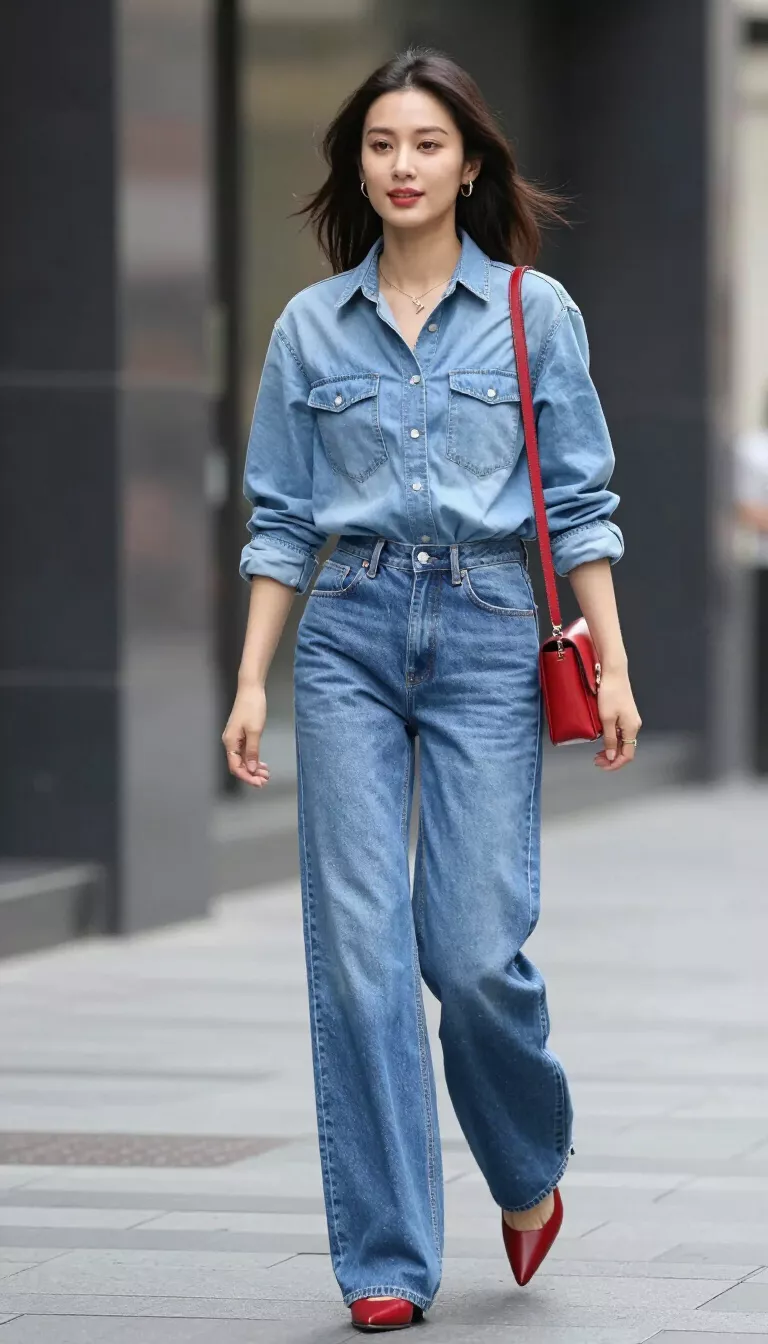 A beautiful woman in a light blue denim button down shirt, high waisted wide leg jeans, and a small red box bag, she walks in an urban outdoor setting.