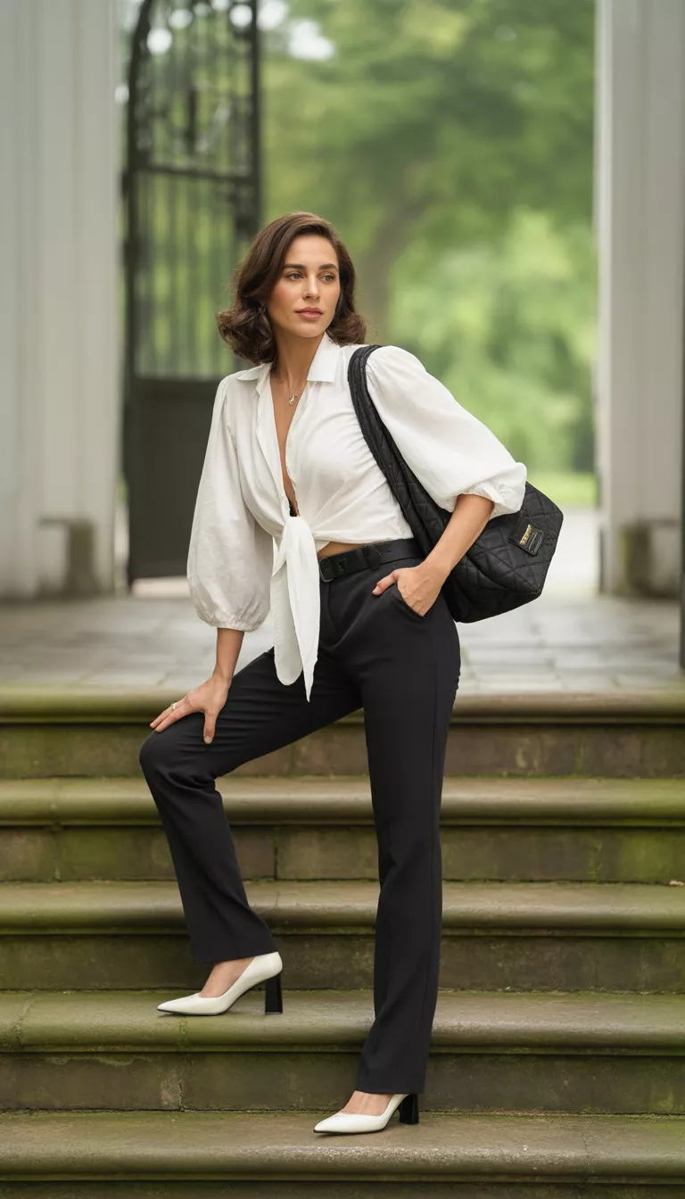 A beautiful woman in a white tied front blouse with voluminous sleeves, black fitted pants, black and white heels, and a black quilted bag, she poses on exterior stone steps.