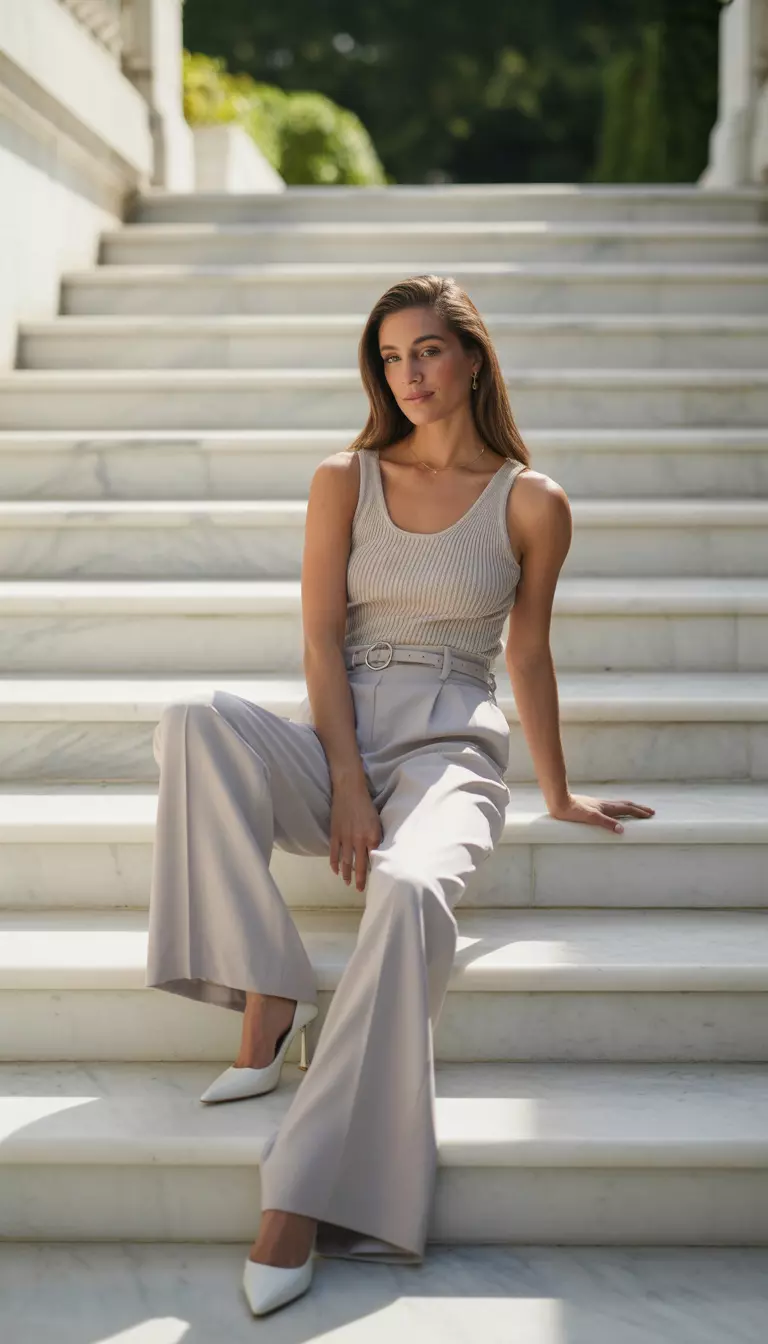 A beautiful woman in a beige ribbed tank top, high-waisted light gray wide-leg trousers with a thin belt, and white pointed-toe heels sitting on marble stairs.