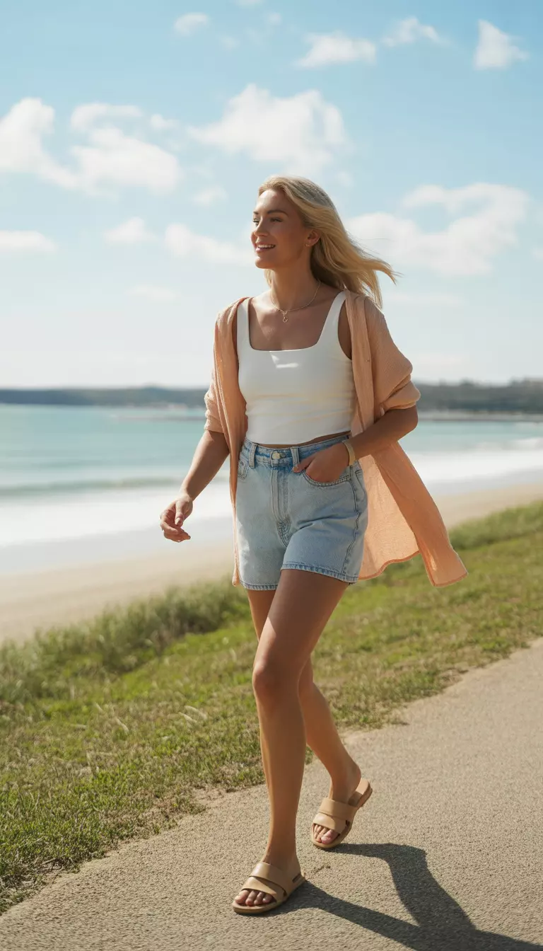 A beautiful blonde woman in a white square-neck tank top, light wash denim shorts, a peach cardigan, and simple tan flat sandals walks along a sunny seaside path.