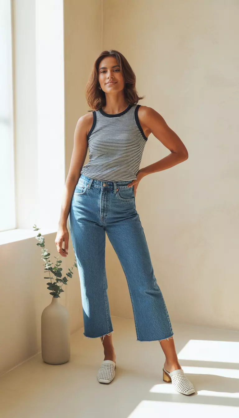 A beautiful woman in a striped crewneck tank top, high-waisted cropped blue jeans with a frayed hem, and white woven mules posing indoors.