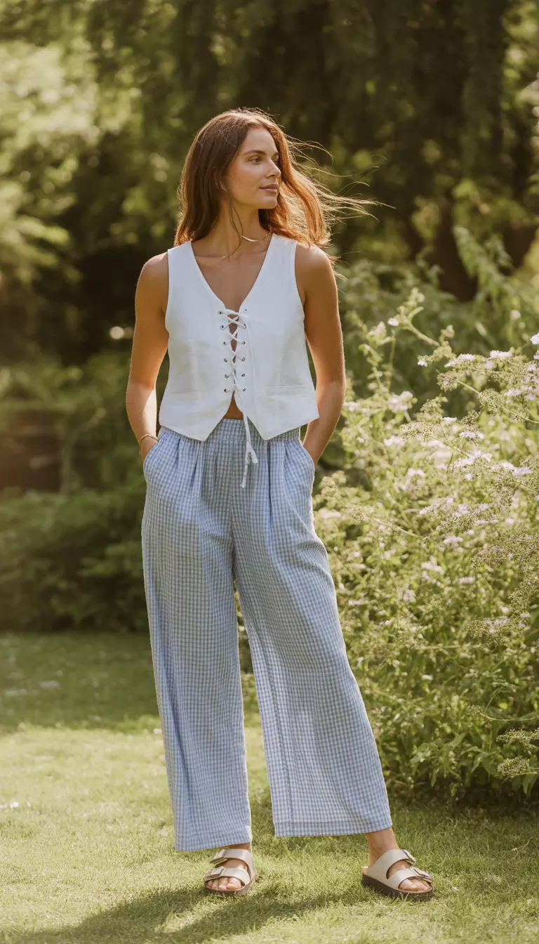 A beautiful woman in a white lace-up vest top, blue and white gingham wide-leg pants, and neutral Birkenstock-style sandals.