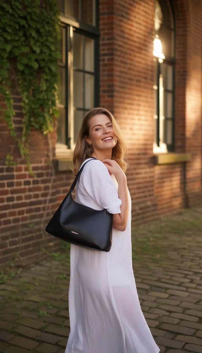 A beautiful woman in a white linen shift dress, she carries a black shoulder bag and wears a smile while standing in front of a brick building.