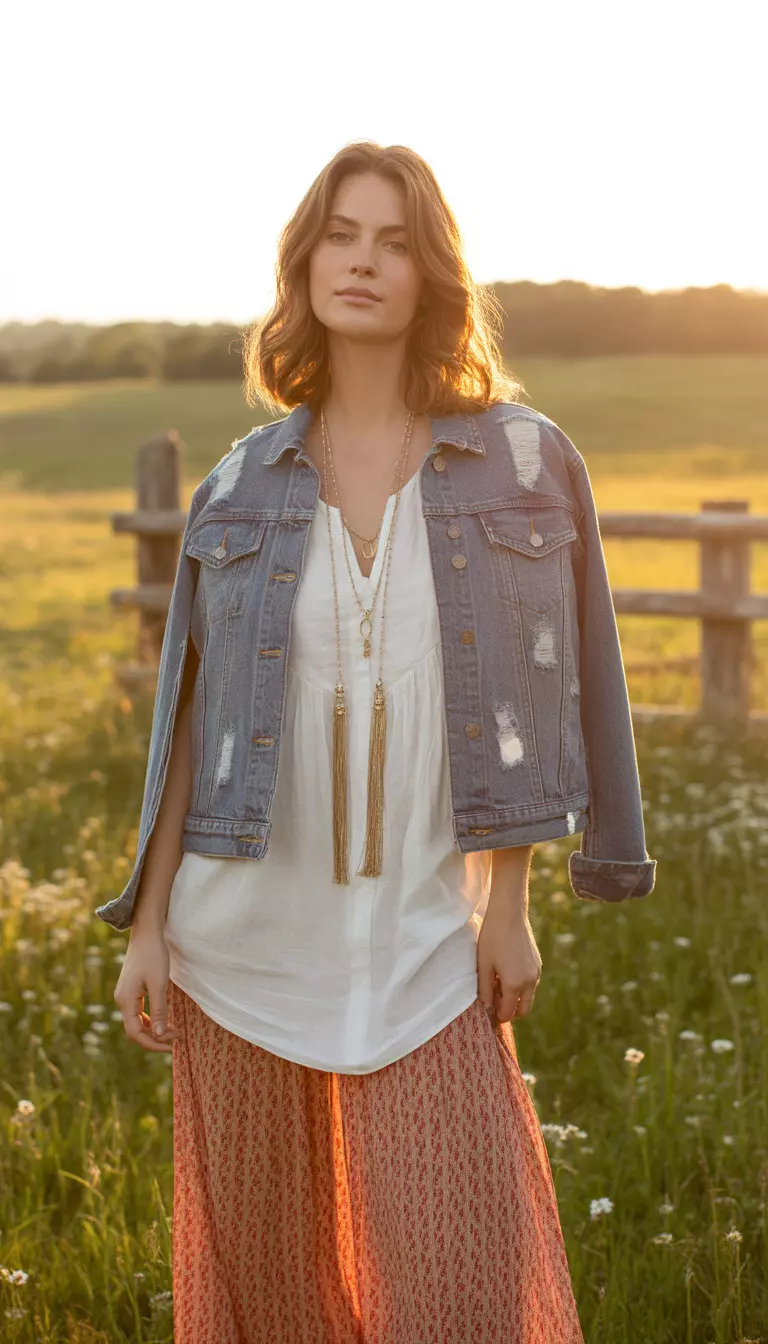 A beautiful woman in a distressed medium-wash denim jacket, white tunic top, long gold tassel necklaces, and a long red and cream patterned skirt.