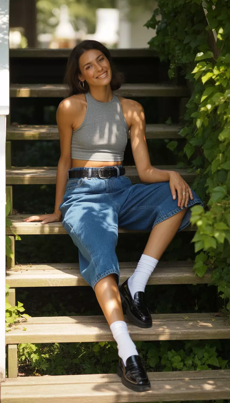 A beautiful woman in a grey halter crop top, baggy blue denim knee-length shorts, a black belt, and black loafers with white ankle socks sitting on front steps.
