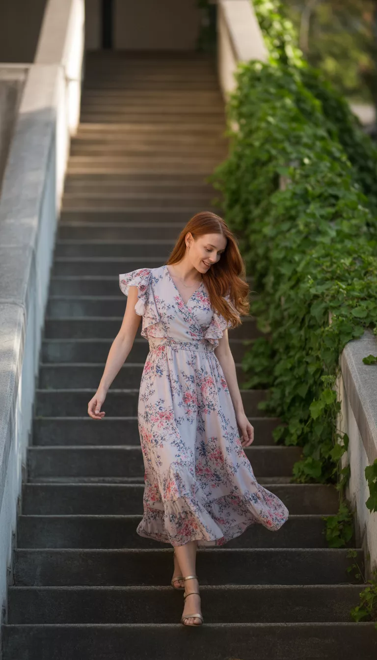 A beautiful woman in a detailed floral midi dress with ruffled sleeves, descending a wide set of concrete outdoor stairs.
