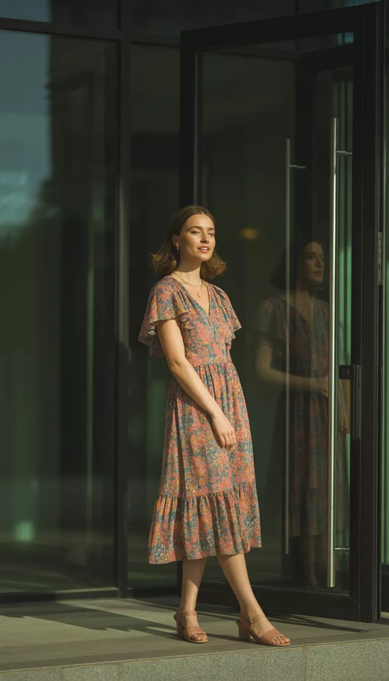 A beautiful woman in a colorful floral midi dress with ruffled sleeves and nude sandals, standing outside a modern building.