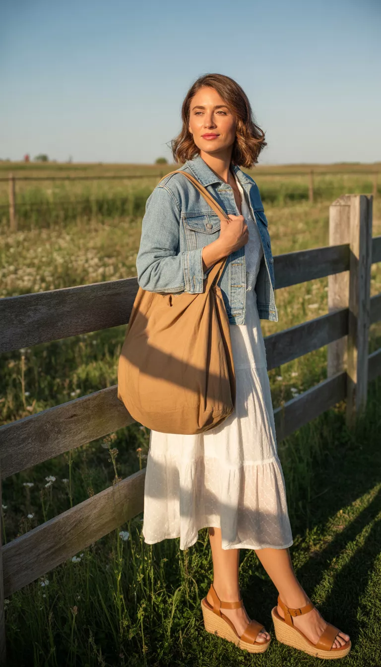 A beautiful woman in a white lace dress, light wash denim jacket, and tan wedge sandals, she carries a large tan tote bag, roadside setting.