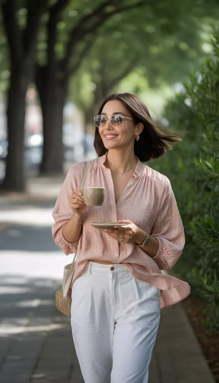 A beautiful woman in a pink patterned blouse and white cropped pants, she holds coffee and sunglasses, walking outside.