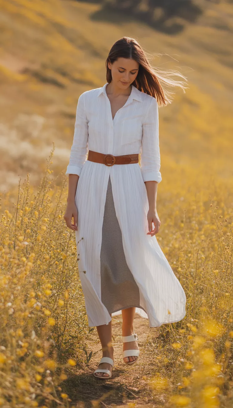 A beautiful woman in a long white shirt dress belted over a fitted gray skirt, wearing white sandals, outdoors under bright sunshine.