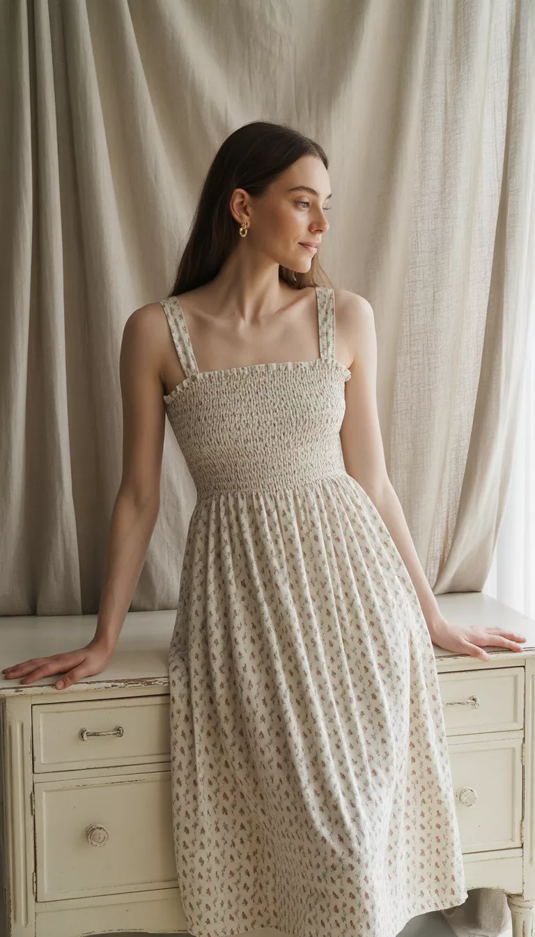 A beautiful woman in a white smocked bodice midi dress with a subtle red and green floral print, indoors near a white dresser.