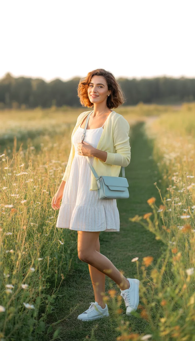 A beautiful woman in a short white tiered sundress layered with a pale yellow cardigan, she carries a light blue crossbody bag and white sneakers, outdoors.