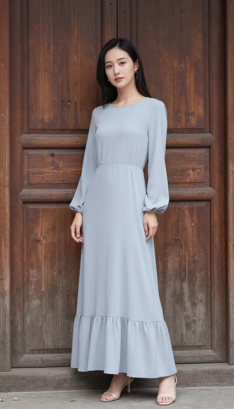 A beautiful woman in a flowing pale blue grey modest long sleeved dress with a ruffled hem, posing by a large rustic wooden door.