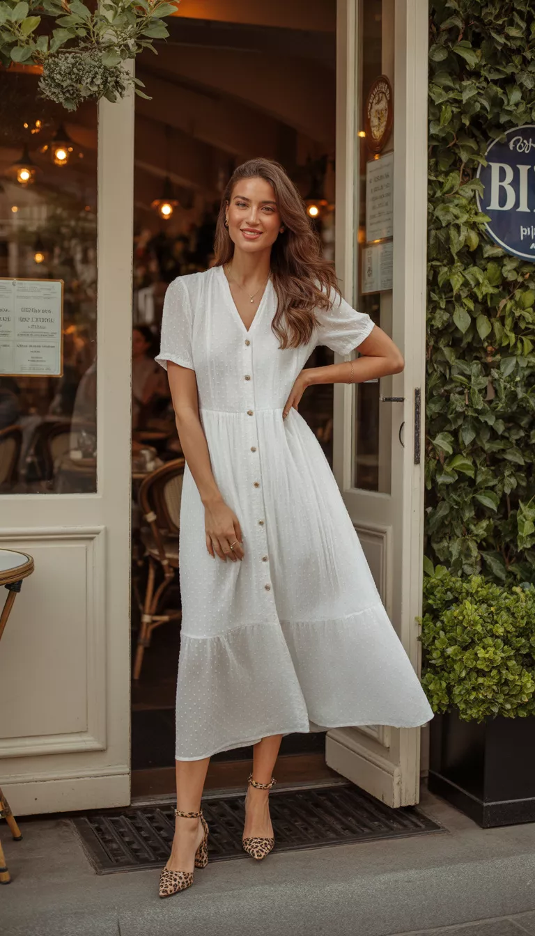 A beautiful woman in a white textured button front midi dress with short sleeves and leopard print ankle strap heels, standing outside a restaurant entrance.