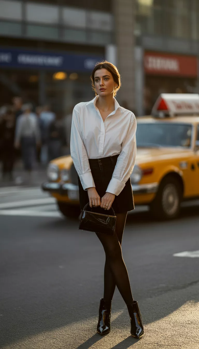 A beautiful woman in an oversized white button-down shirt, black high-waisted bottoms, sheer black tights, and patent black ankle boots, she holds a small bag.