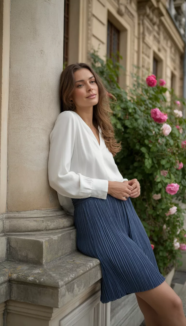 A beautiful woman in a white long-sleeve blouse and navy blue pleated linen shorts, she leans against a stone column outside a stately building.