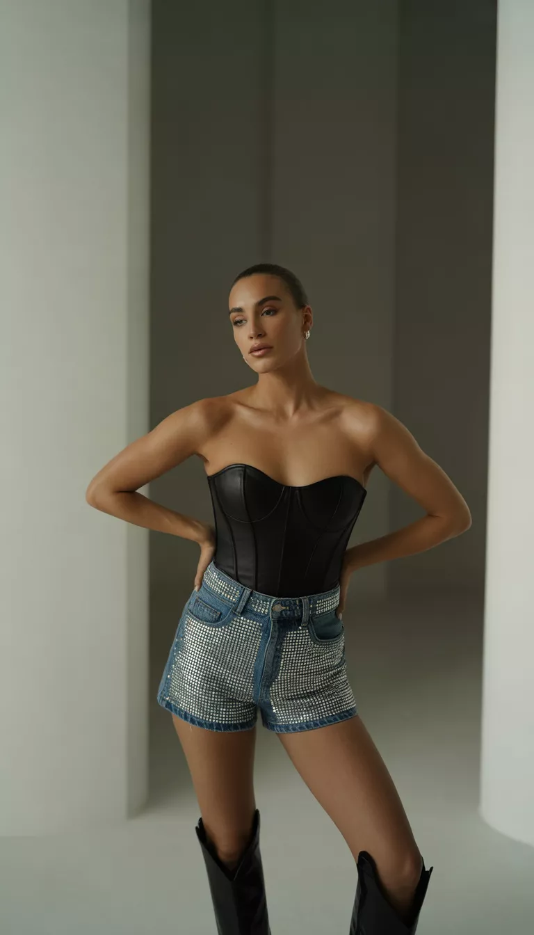 A beautiful woman in a black strapless corset top, bedazzled low-rise denim cutoff shorts, and tall black boots, she poses near white walls.