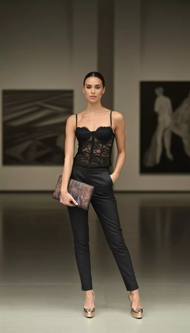 A beautiful woman in a black lace bustier top, slim black pants, she holds a patterned clutch and wears nude platform heels.