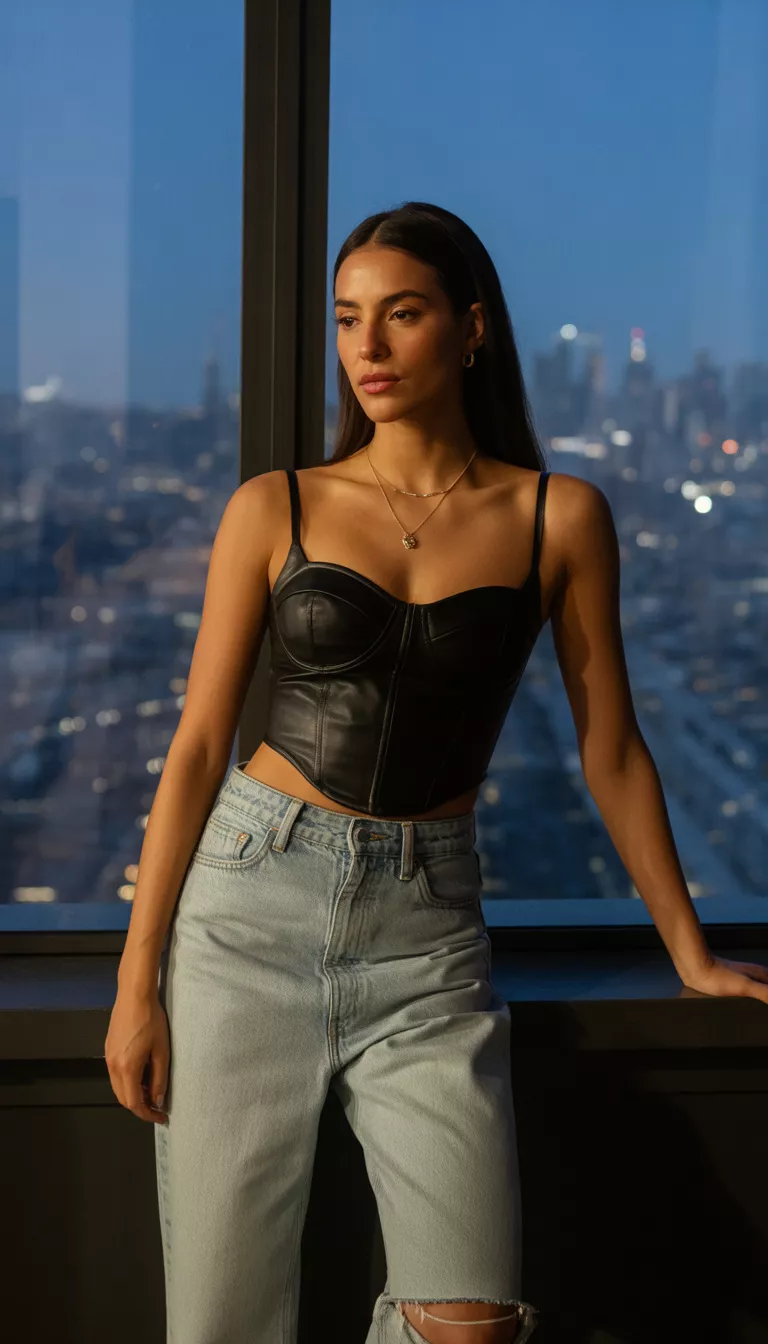 A beautiful woman in a black faux leather bustier top and light-wash ripped straight-leg jeans, she stands near a large window overlooking a city at night.