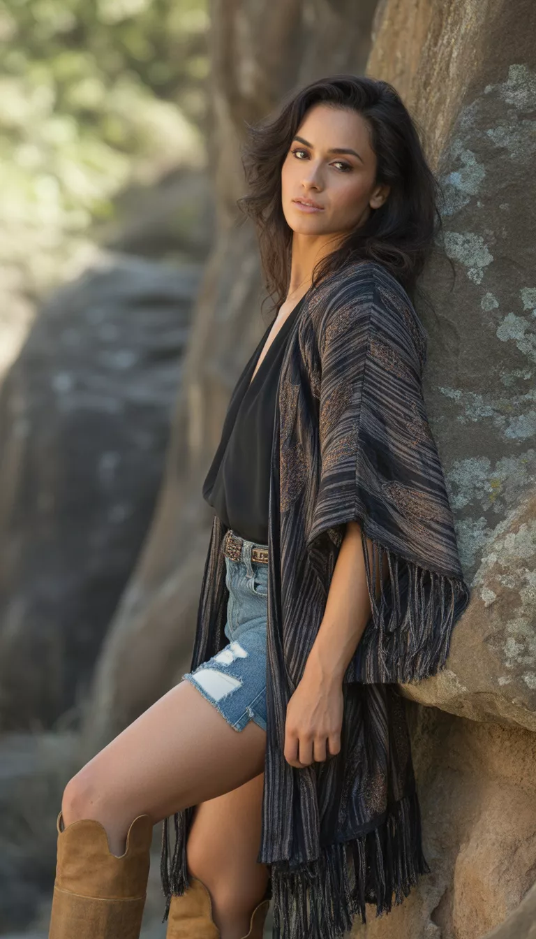 A beautiful woman in a long fringed black and pattern kimono, denim cutoffs, black top, and tall brown boots, posing against a rock wall.