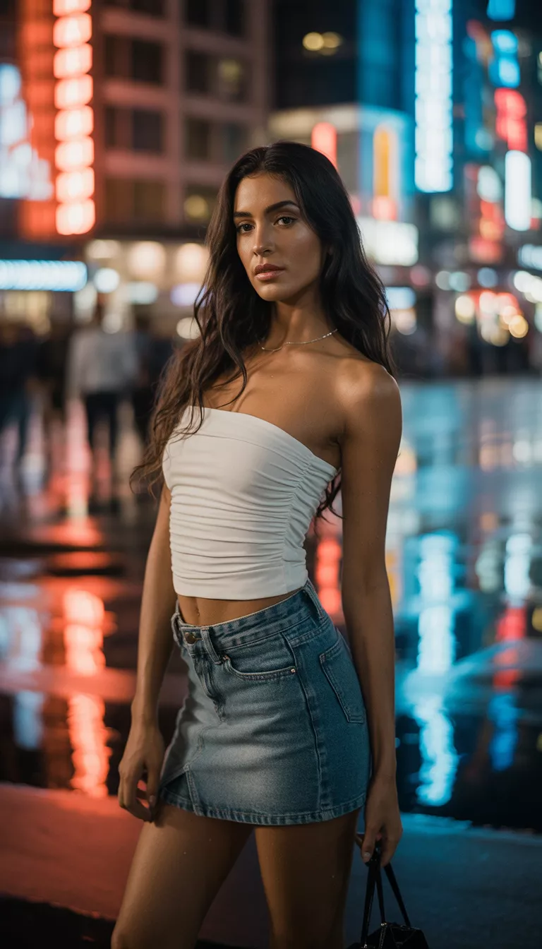 A beautiful woman in a white ruched tube top, short denim skirt, and black high-heeled sandals, standing by a street at night.