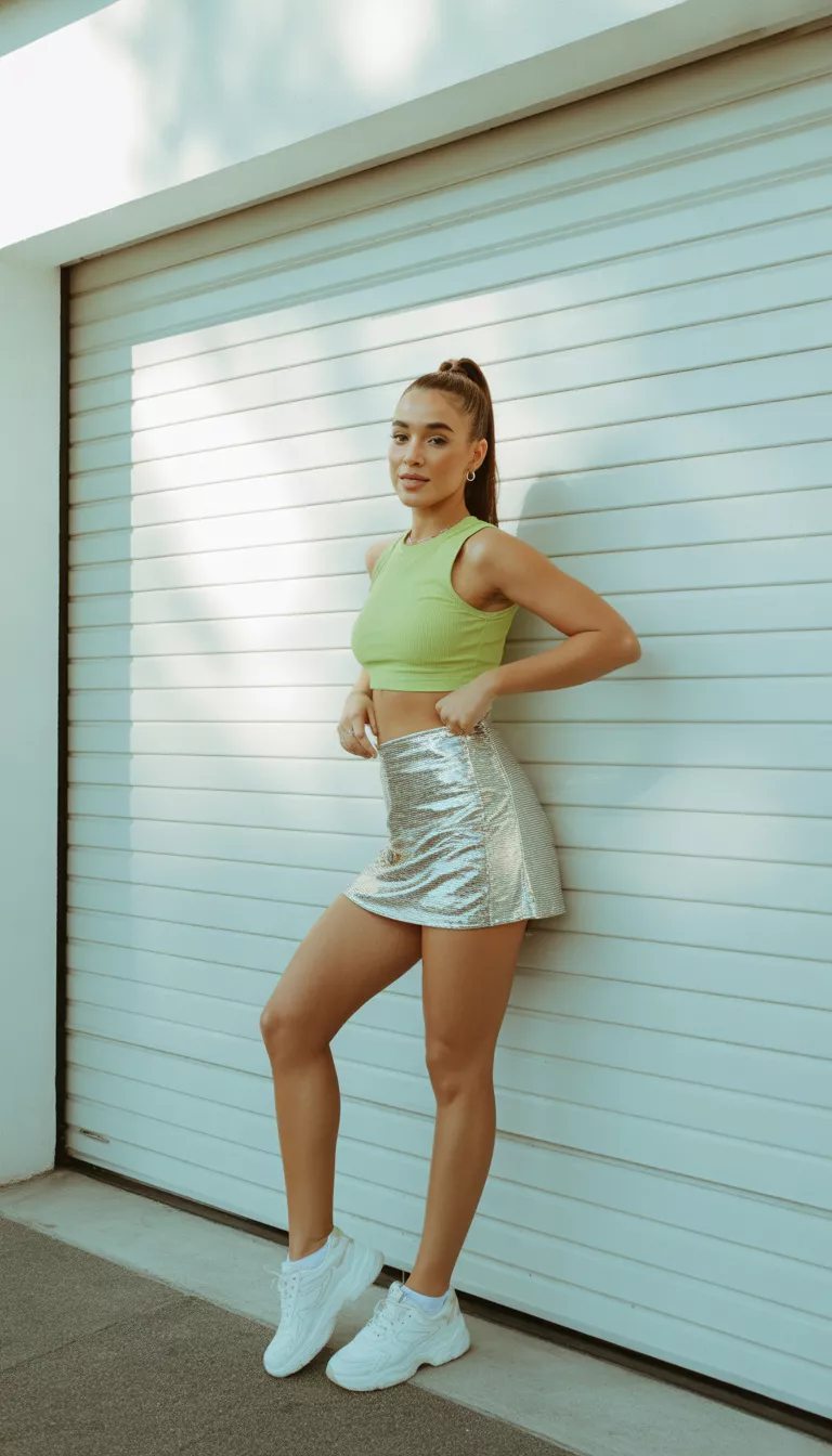 A beautiful woman in a lime green crop top set, silver metallic mini skirt, and chunky white athletic sneakers, posing by a white garage door.