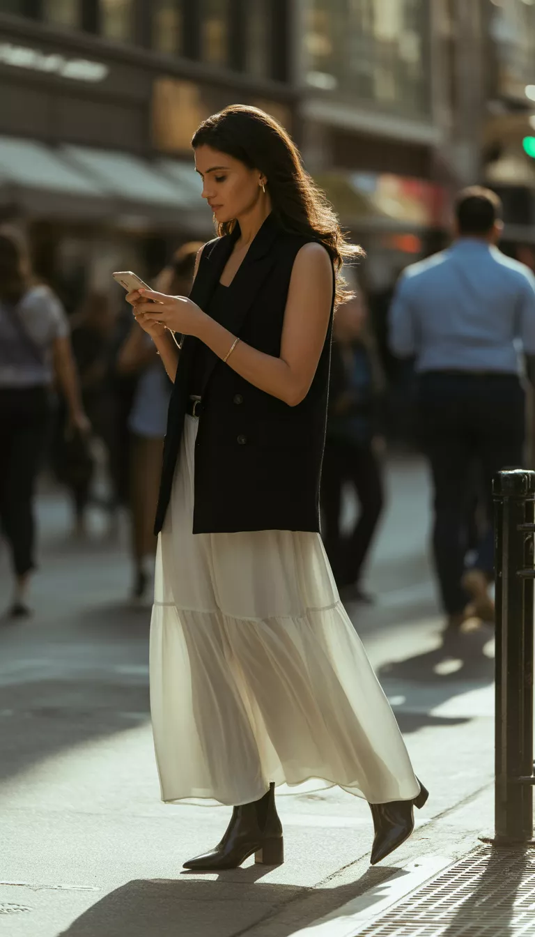 A beautiful woman on a busy city sidewalk wears a sleeveless black vest over a white maxi skirt and black ankle boots, checking her phone.