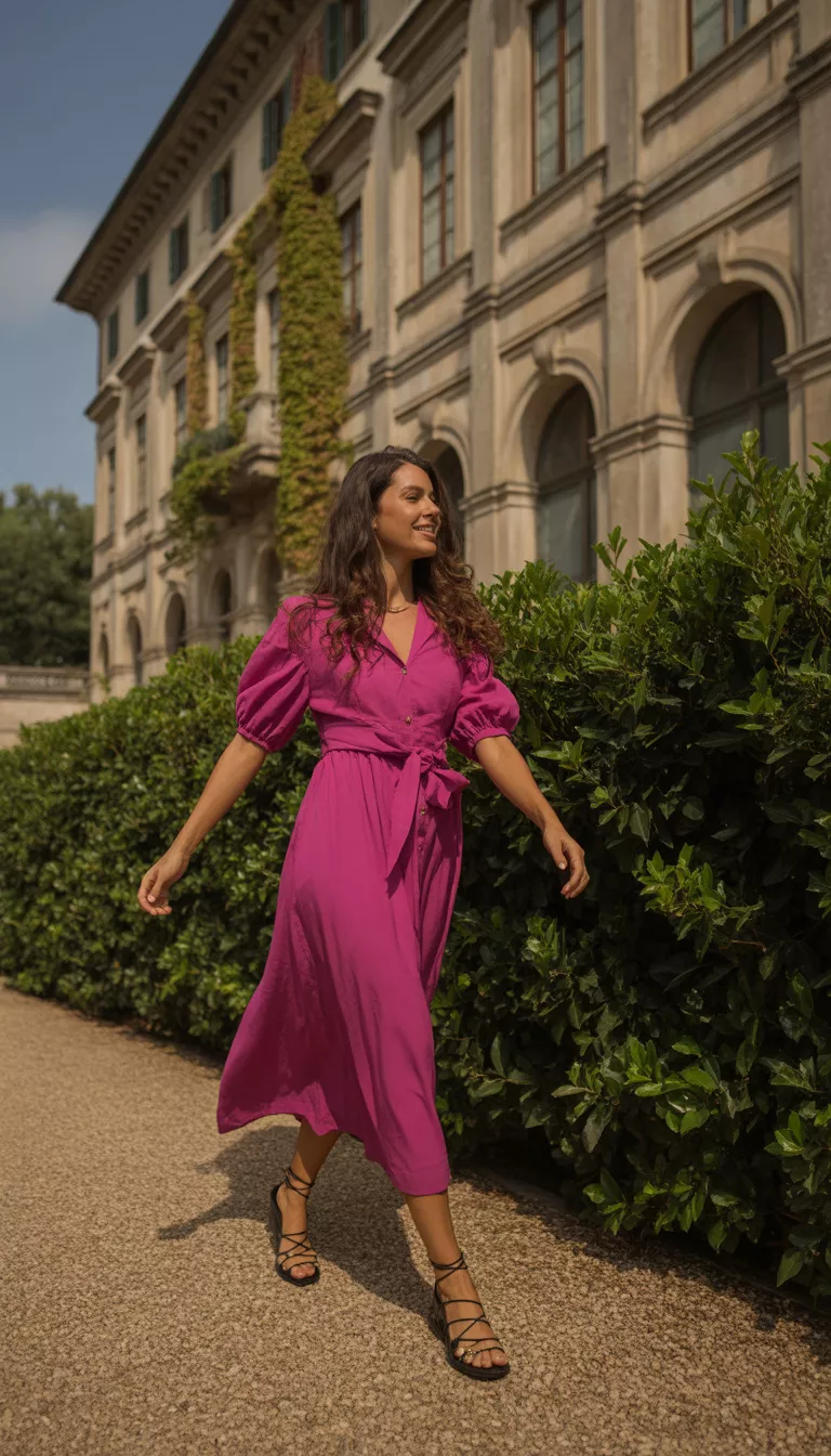 A beautiful woman walks in front of classical architecture wearing a vibrant magenta tie-waist midi dress with puffed sleeves and black lace-up sandals.