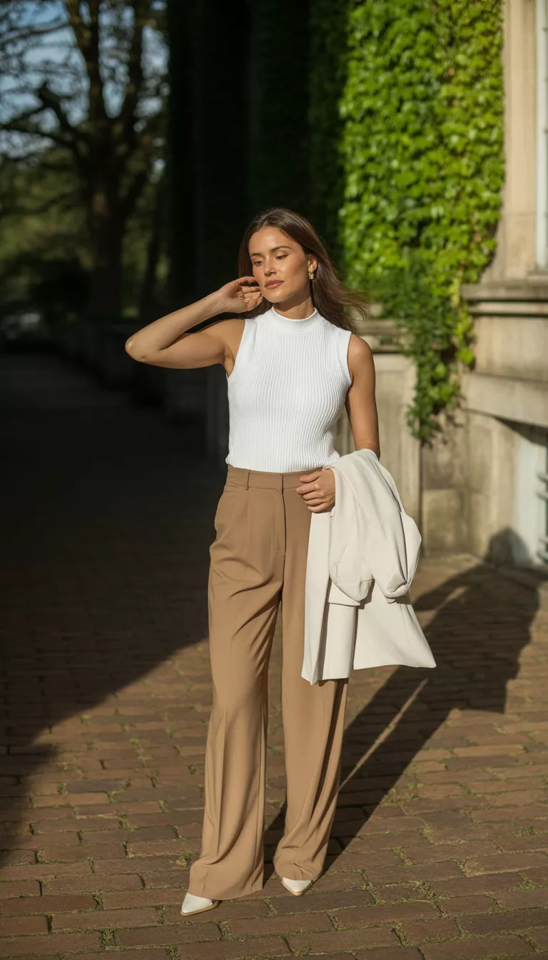 A beautiful woman stands outside on a brick walkway, wearing a white ribbed knit sleeveless top, high-waisted tan wide-leg trousers, and holds a white blazer.