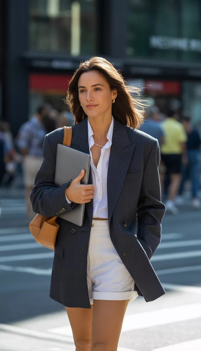 A beautiful woman on a city street wears an oversized dark pinstripe blazer over a white button-down shirt, white shorts, and holds a laptop and small tan bag.