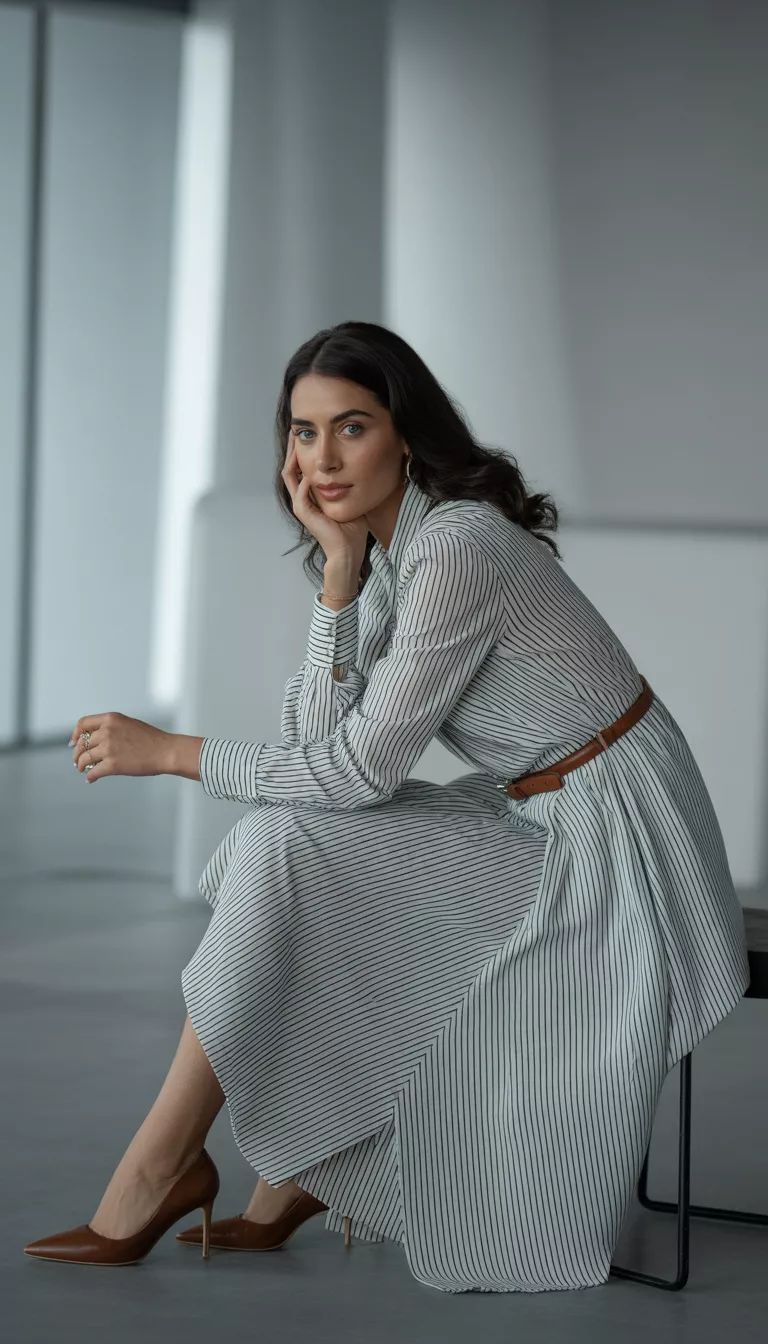 A beautiful woman indoors poses in a black and white vertical striped midi shirtdress, cinched with a slim brown belt, with brown pointed-toe heels.