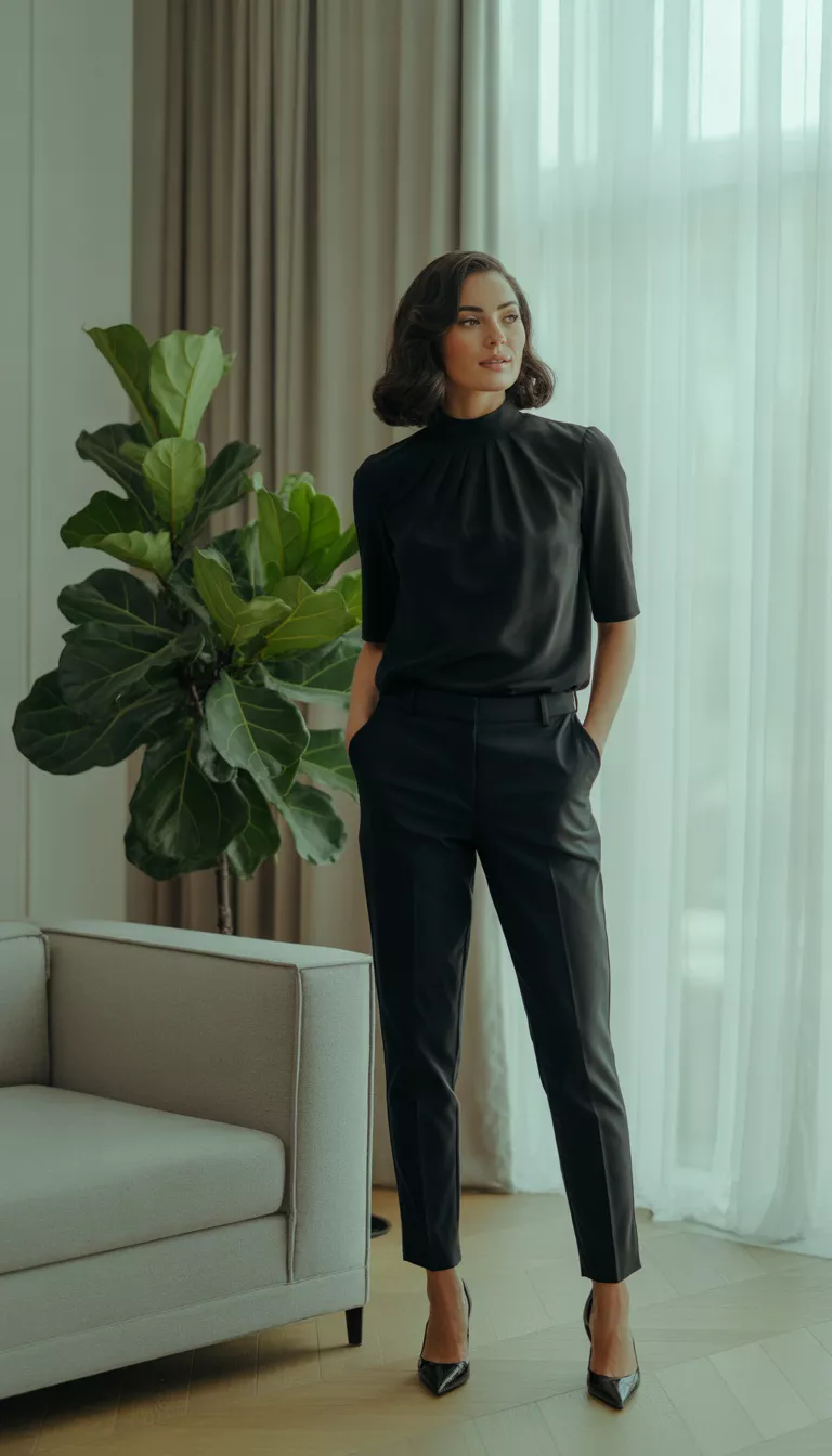 A beautiful woman poses indoors in a sleeveless black mock neck top and black slim-fit ankle pants, with black pointed-toe heels, near a houseplant.