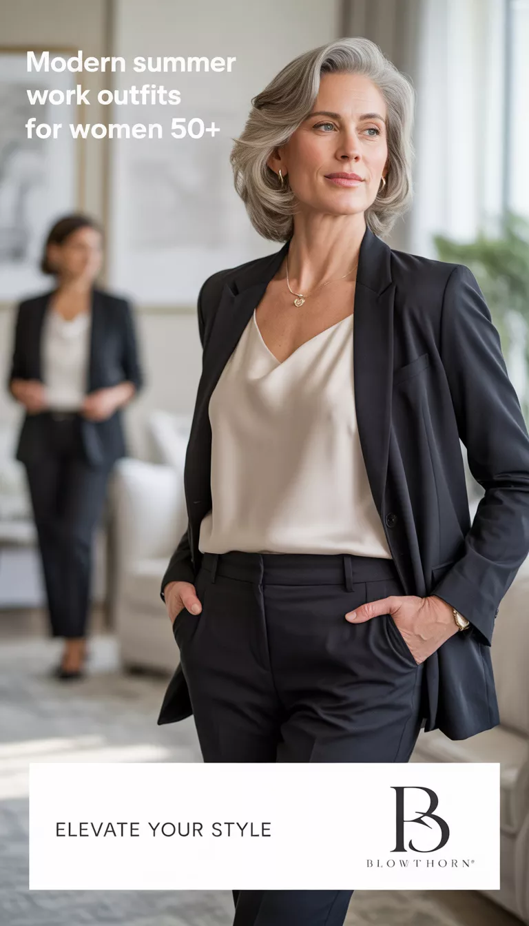 A beautiful woman in a black blazer, cream camisole, and fitted black trousers poses indoors, with text overlay indicating 'Modern Summer Work Outfits for women 50+'.