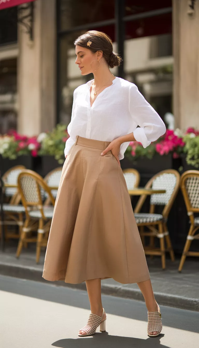 A beautiful woman with her hair up wears a loose white blouse tucked into a tan A-line midi skirt, accessorized with matching cage heels.