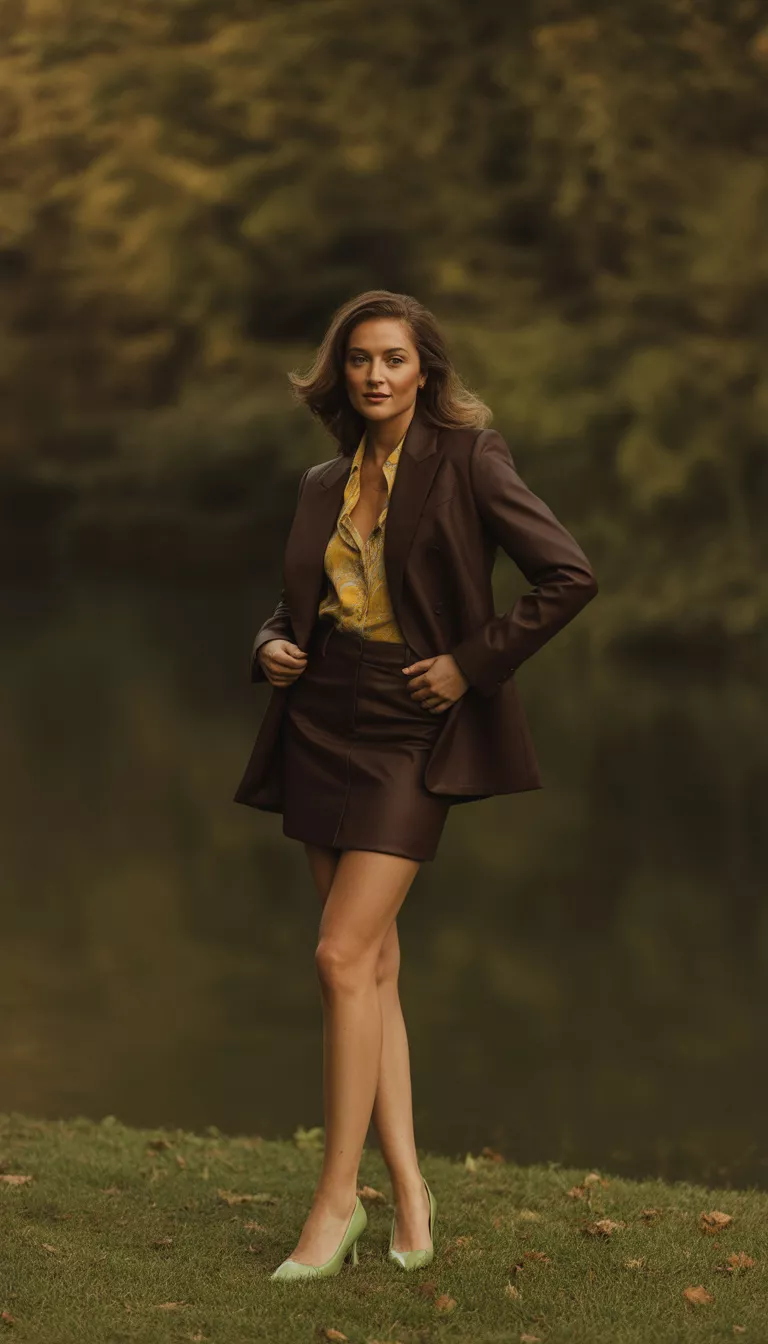 A beautiful woman stands outdoors in a dark brown tailored suit (blazer and mini skirt) paired with a yellow patterned shirt and light green pointed heels.