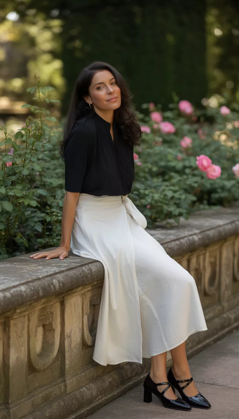 A beautiful woman in a black mock-neck top wears a white wrap midi skirt and black Mary Jane heels, leaning against a stone ledge outdoors.