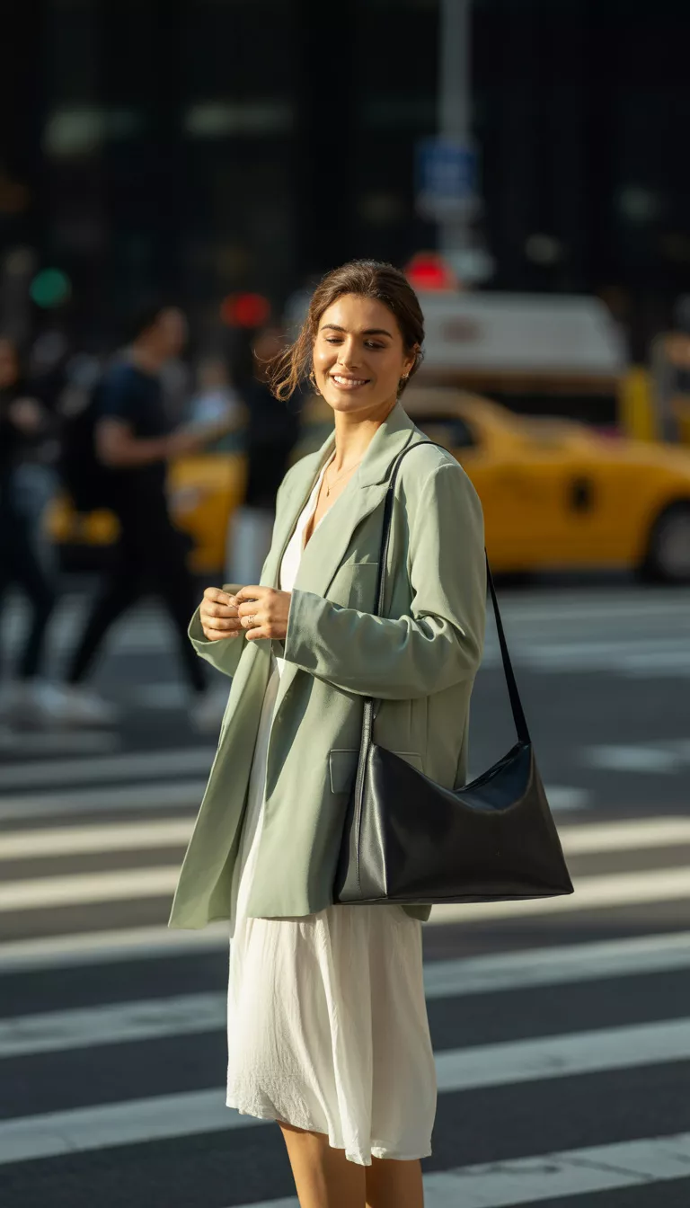 A beautiful woman stands on a crosswalk wearing a light sage green oversized blazer over a flowing white midi dress and appears to be holding a black bag.