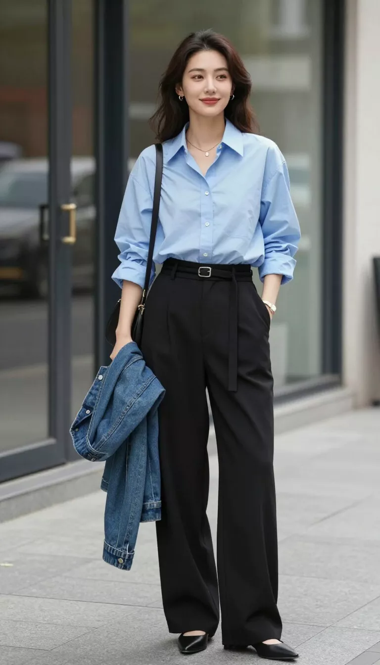 A beautiful woman on a sidewalk wears a light blue oversized button-down shirt over black wide-leg trousers, cinched with a belt, carrying a denim jacket.