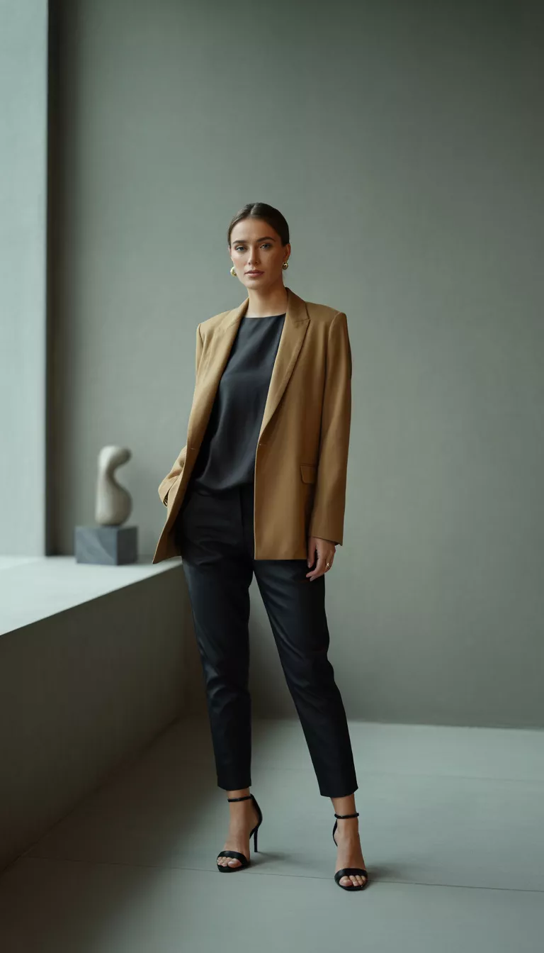 A beautiful woman stands indoors wearing a camel blazer over a black top and black ankle-length pants, paired with black high-heeled sandals.