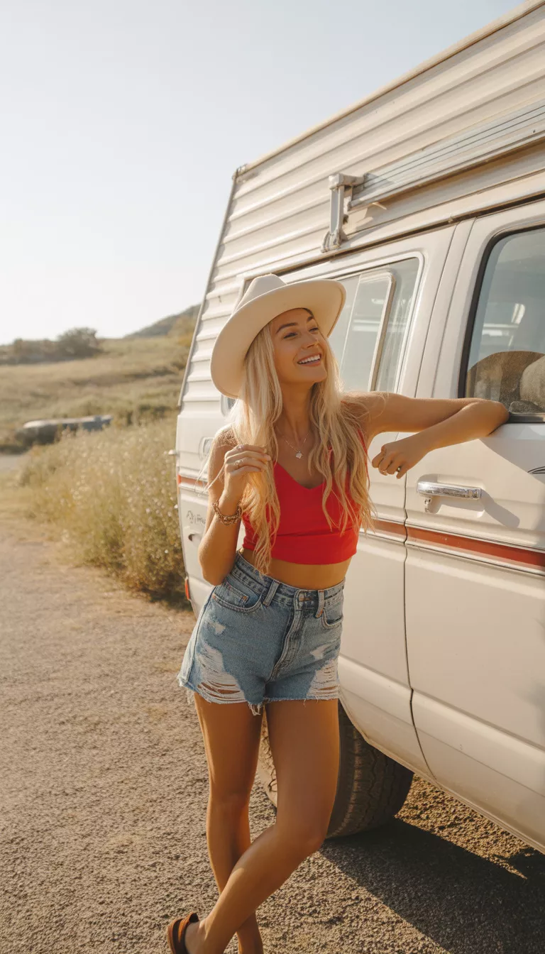 A beautiful blonde woman in a red cropped top, distressed denim cutoff shorts, and a white cowboy hat, standing smiling next to a white RV camper.