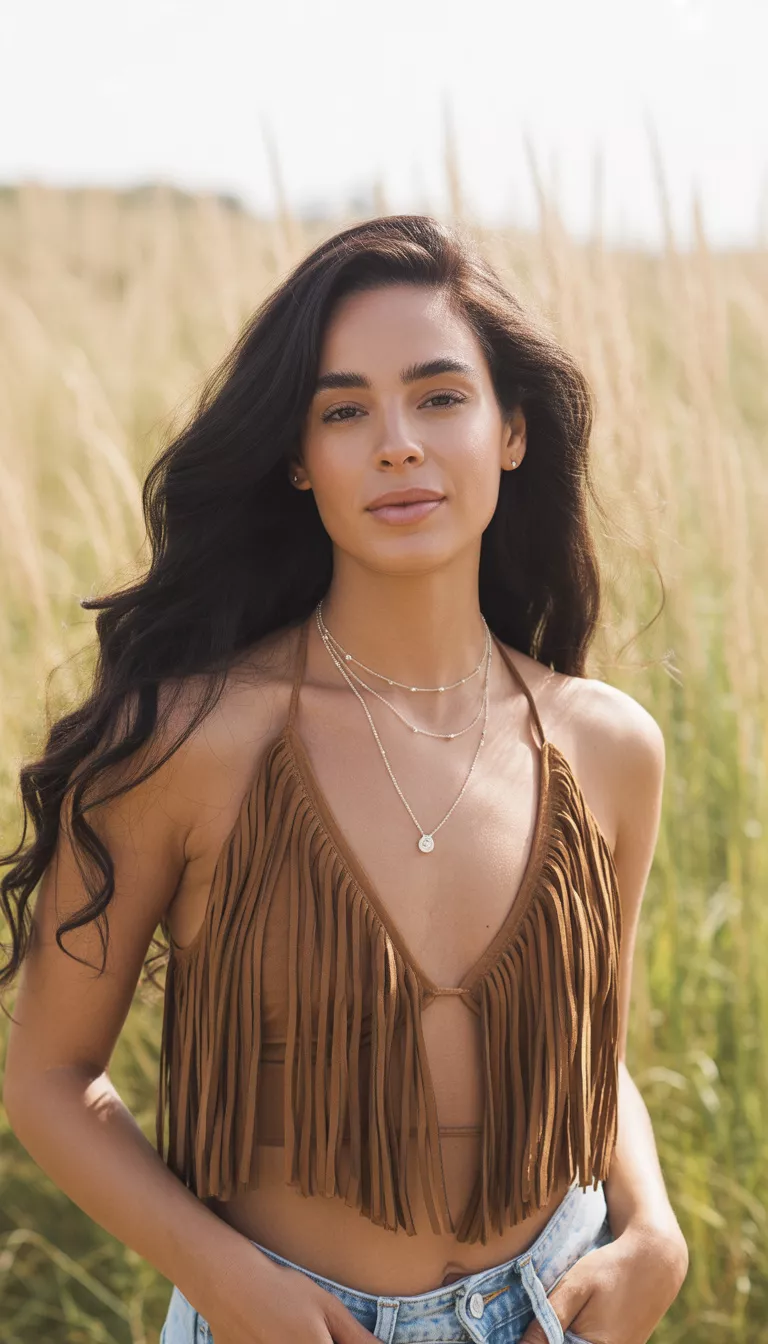 A beautiful woman in a brown suede fringe halter crop top and light wash jeans, accessorized with layered silver necklaces, with long dark hair.